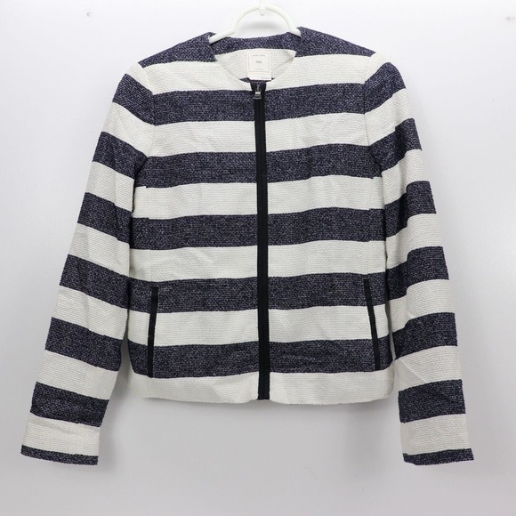 Gap Zip Up Stripped Sweater Cardigan Womens Size 4 White And Blue Lined Cotton - Picture 1 of 11